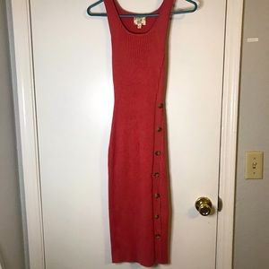 Rose dusty pink form fitting fitted midi dress with buttons and side slit